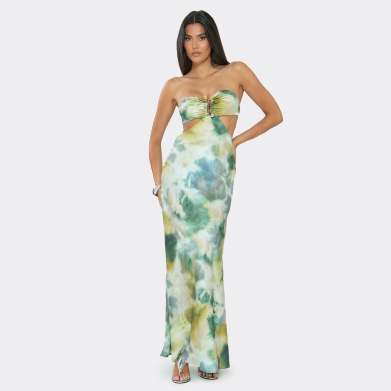 Bandeau Trim Detail Cut Out Maxi Dress In Green Multi Abstract Print, Women’s Size US 6