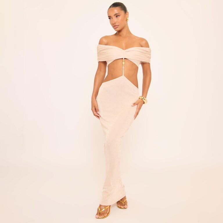 Bardot Beaded Trim Detail Cut Out Maxi Dress In Champagne, Women’s Size US 10