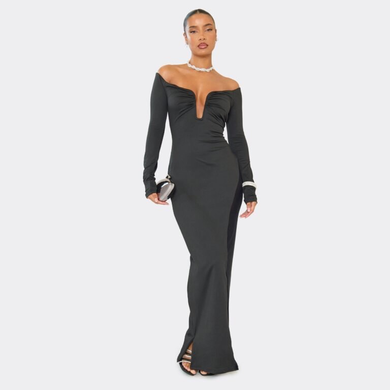 Bardot Long Sleeve Plunge Detail Maxi Dress In Black, Women’s Size US 2