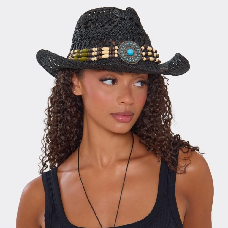 Beaded Detail Western Cowboy Hat In Black Woven, Women’s Size US 0