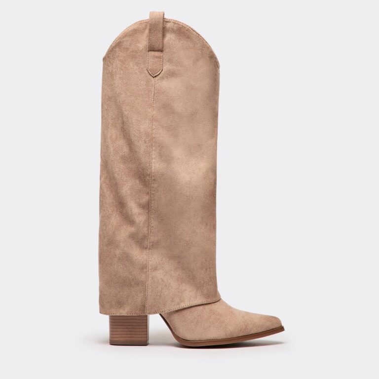 Bosa Layered Pointed Toe Knee High Heeled Boot In Taupe Faux Suede, Women’s Size US