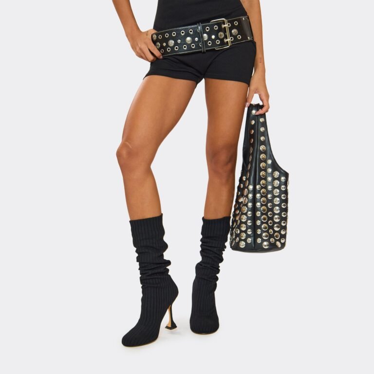 Bunbun Ribbed Detail Knee High Heeled Sock Boot In Black Knit, Women’s Size US