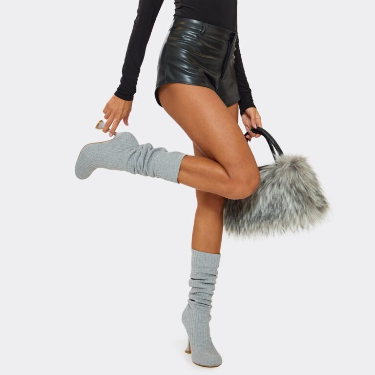 Bunbun Ribbed Detail Knee High Heeled Sock Boot In Grey Knit, Women’s Size US