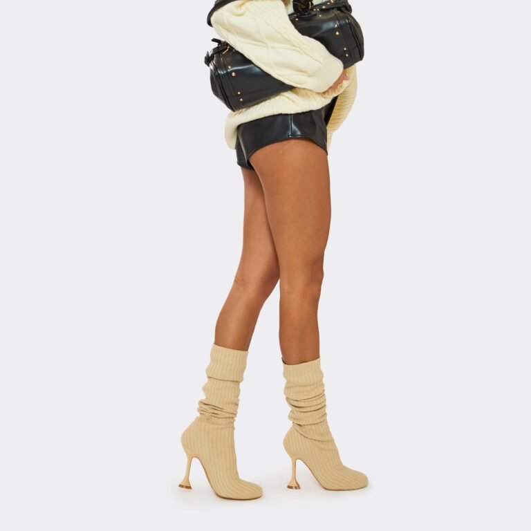 Bunbun Ribbed Detail Knee High Heeled Sock Boot In Nude Knit, Women’s Size US