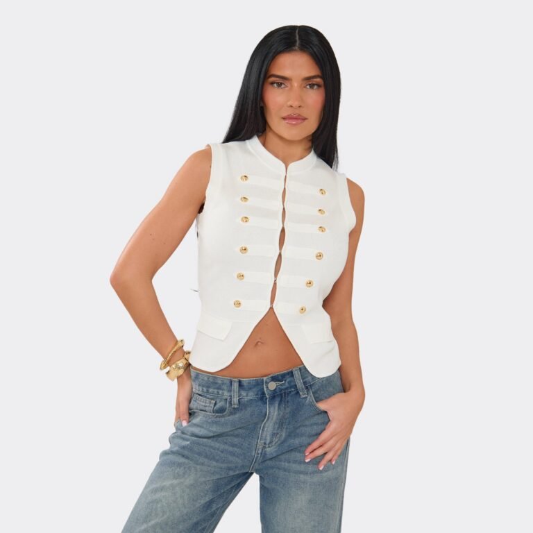 Button Detail Split Front Military Style Sleeveless Top In White Knit, Women’s Size US S/M