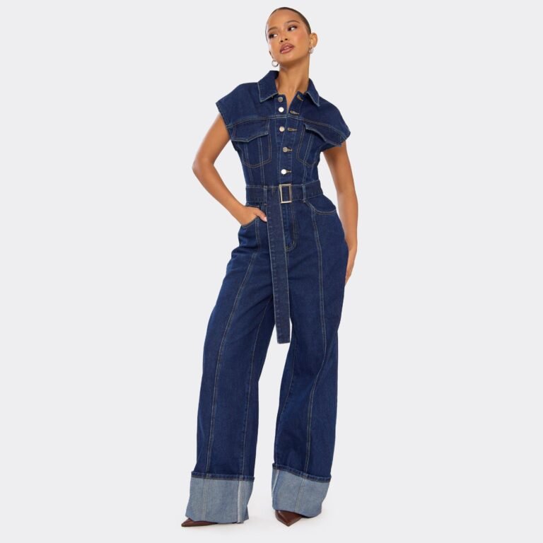 Cap Sleeve Button Down Belted Detail Turn Up Hem Jumpsuit In Indigo Blue Denim, Women’s