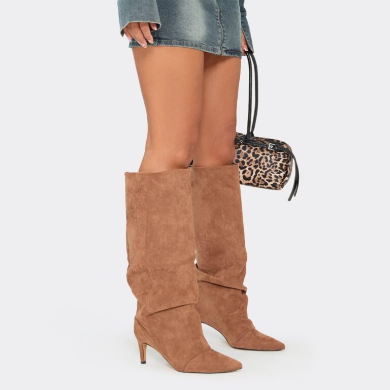 Cave Pointed Toe Slouched Detail Knee High Boot In Mocha Faux Suede, Women’s Size US