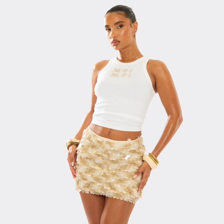 Champagne Diamante Moi Moi Slogan Sleeveless Top In Cream Rib, Women’s Size US 0
