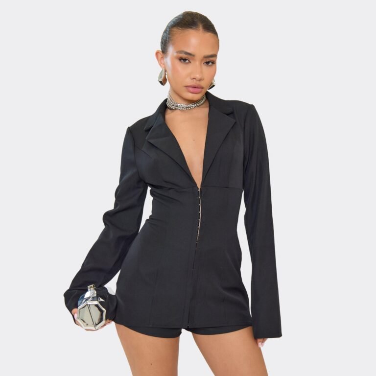 Cinched Waist Hook And Eye Detail Flared Sleeve Playsuit In Black, Women’s Size US 0