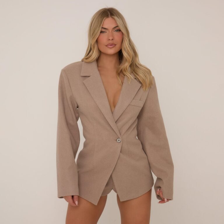 Cinched Waist Wool Look Blazer Dress In Taupe Brown, Women’s Size US 0