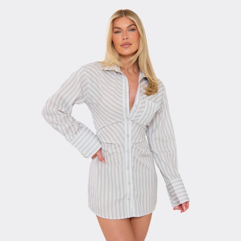 Collared Button Front Cinched Waist Detail Shirt Dress In White Stripe, Women’s Size US 2