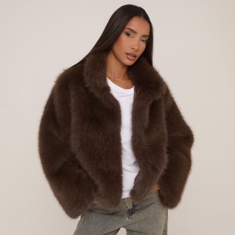 Collared Jacket In Chocolate Brown Faux Fur, Women’s Size US 12