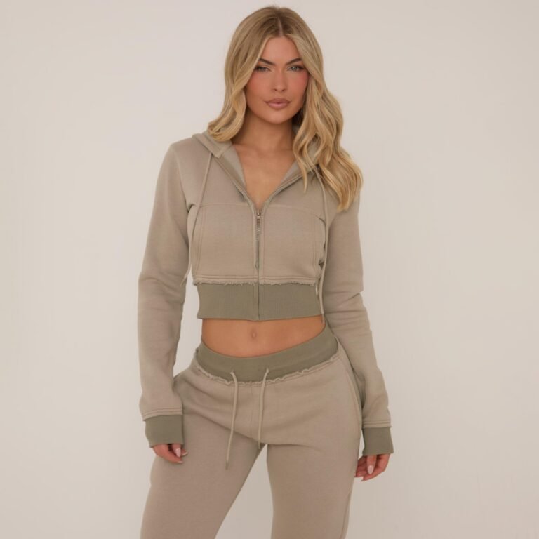 Contrast Distressed Detail Cropped Zip Up Hoodie In Green, Women’s Size US 12