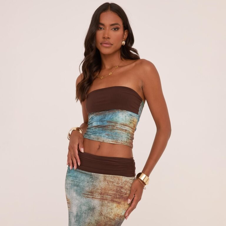 Contrast Fold Over Bandeau Crop Top In Green Abstract Print Slinky, Women’s Size US 0