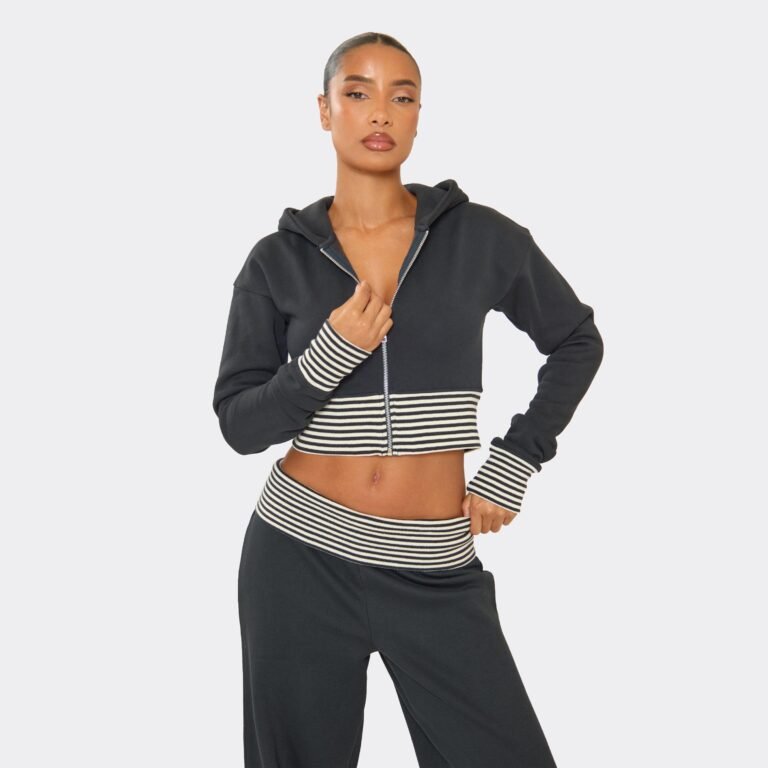 Contrast Stripe Fitted Zip Up Hoodie In Navy, Women’s Size US 2