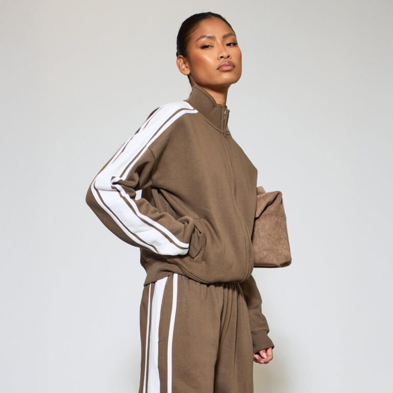 Contrast Stripe High Neck Zip-Up Sweatshirt In Brown, Women’s Size US 2