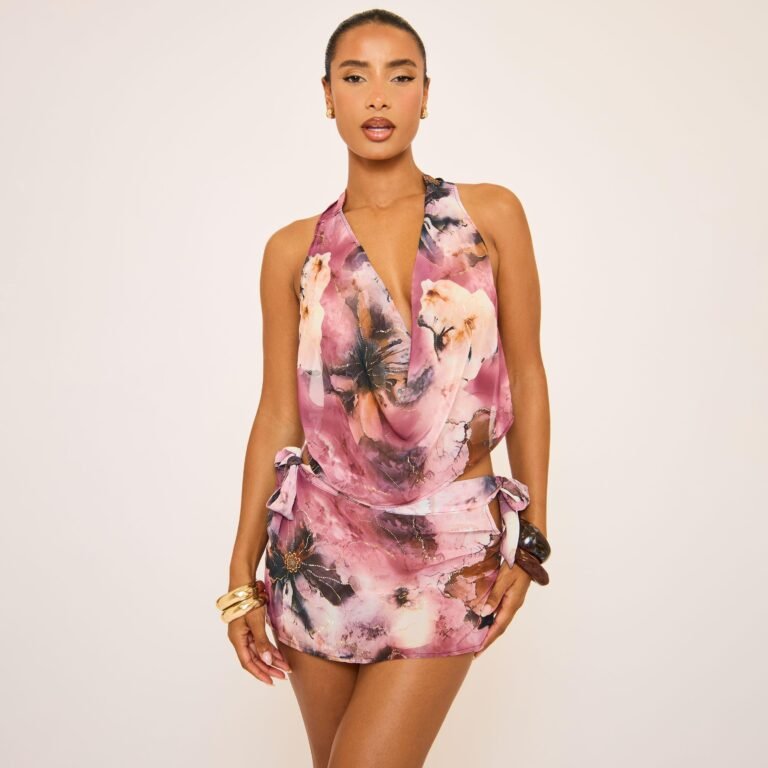 Cowl Halterneck Embellished Detail Top In Multi Abstract Print, Women’s Size US 6