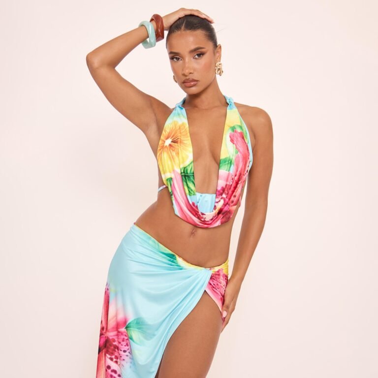 Cowl Halterneck Open Tie Back Detail Crop Top In Multi Abstract Print, Women’s Size US 10