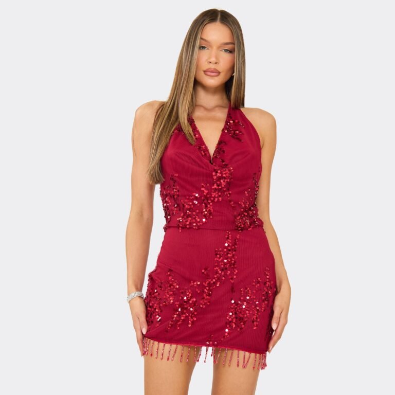 Cowl Halterneck Tassel Trim Mini Dress In Red Sequin, Women’s Size US 2