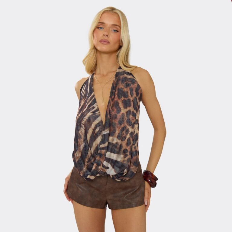 Cowl Halterneck Top In Brown Animal Print Mesh, Women’s Size US 12