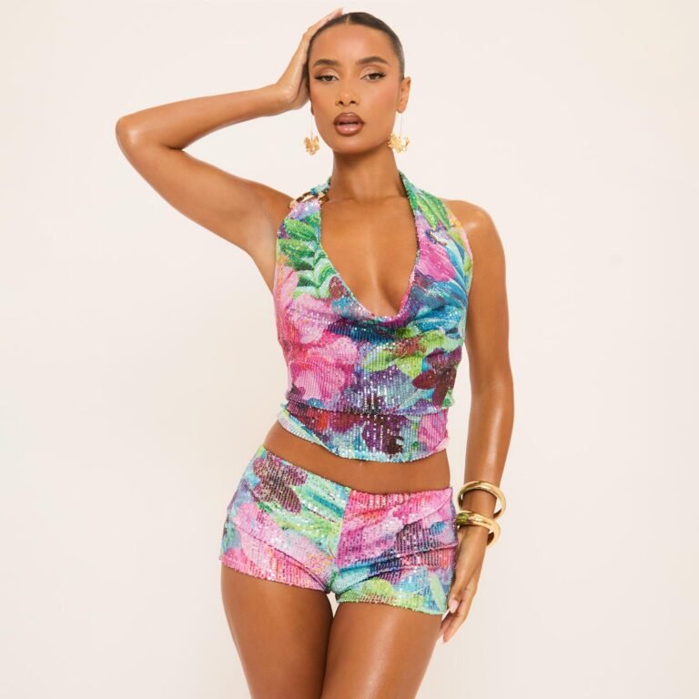 Cowl Halterneck Trim Detail Top In Multi Floral Print Sequin, Women’s Size US 0