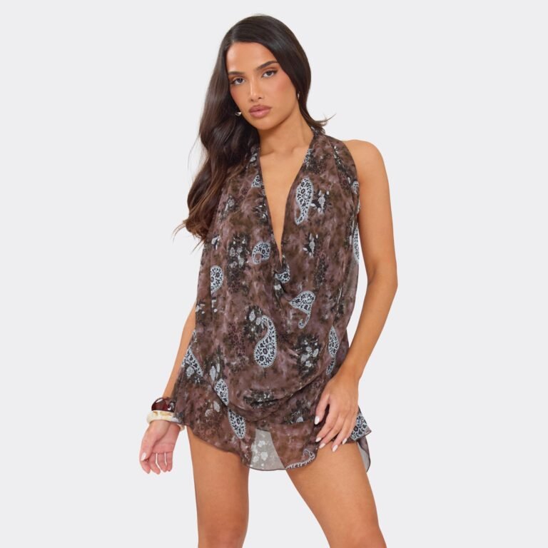 Cowl Neck Drape Playsuit In Brown Paisley Print, Women’s Size US 2