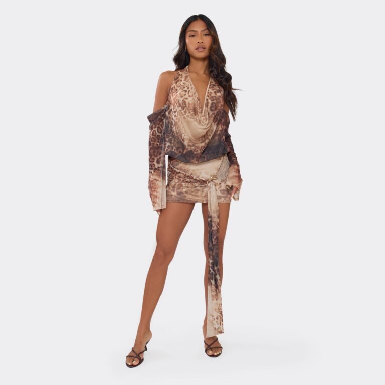 Cowl Neck Drape Trim Detail Mini Dress In Brown Animal Print, Women’s Size US 0