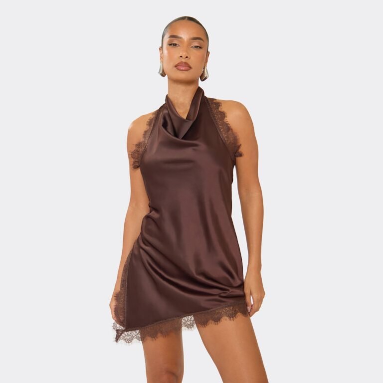 Cowl Neck Lace Trim Asymmetric Hem Mini Dress In Chocolate Brown, Women’s Size US 2