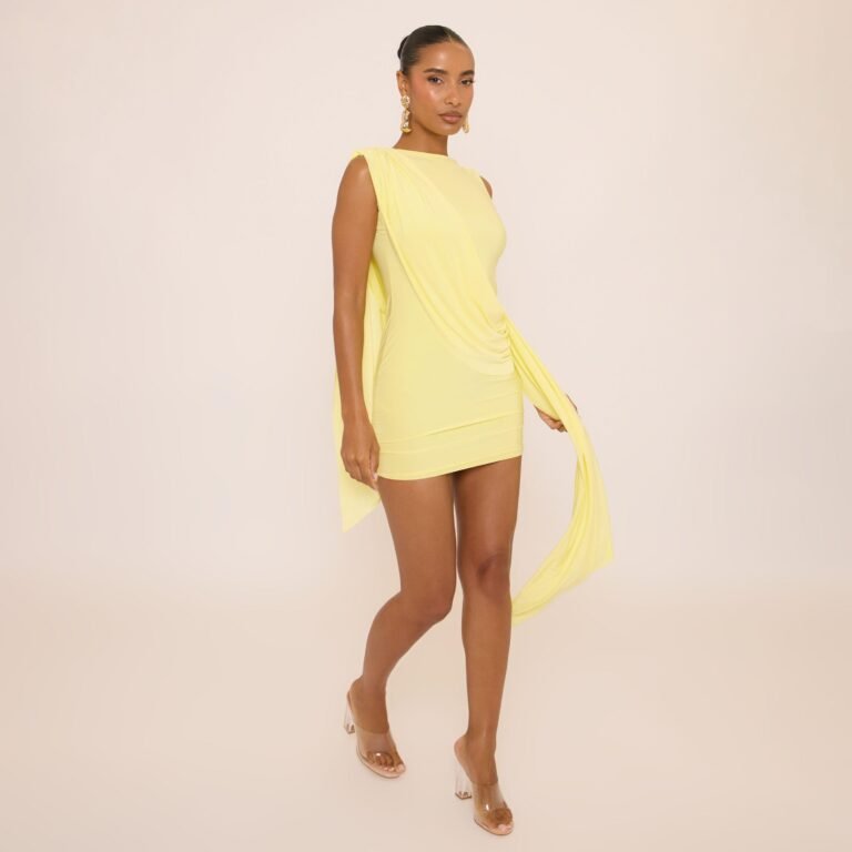 Drape Detail Low Cowled Back Mini Dress In Yellow, Women’s Size US 0