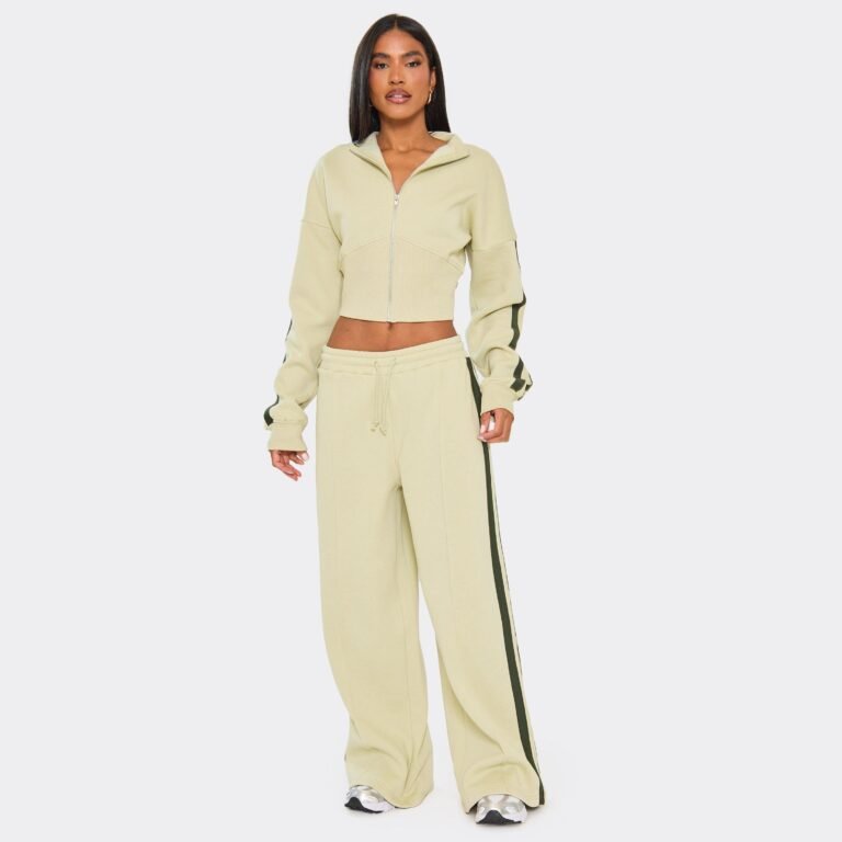 Drawstring Waist Contrast Panel Detail Wide Leg Joggers In Sage Green, Women’s Size US 0