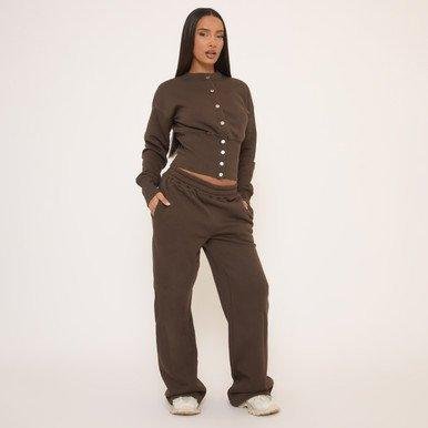 Elasticated Waist Wide Leg Joggers In Brown, Women’s Size US 0