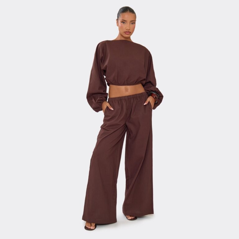 Elasticated Waist Wide Leg Trousers In Brown Linen, Women’s Size US XS