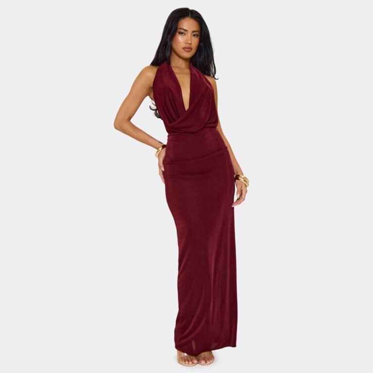 Extreme Cowl Neck Open Back Maxi Dress In Burgundy Slinky, Women’s Size US 6