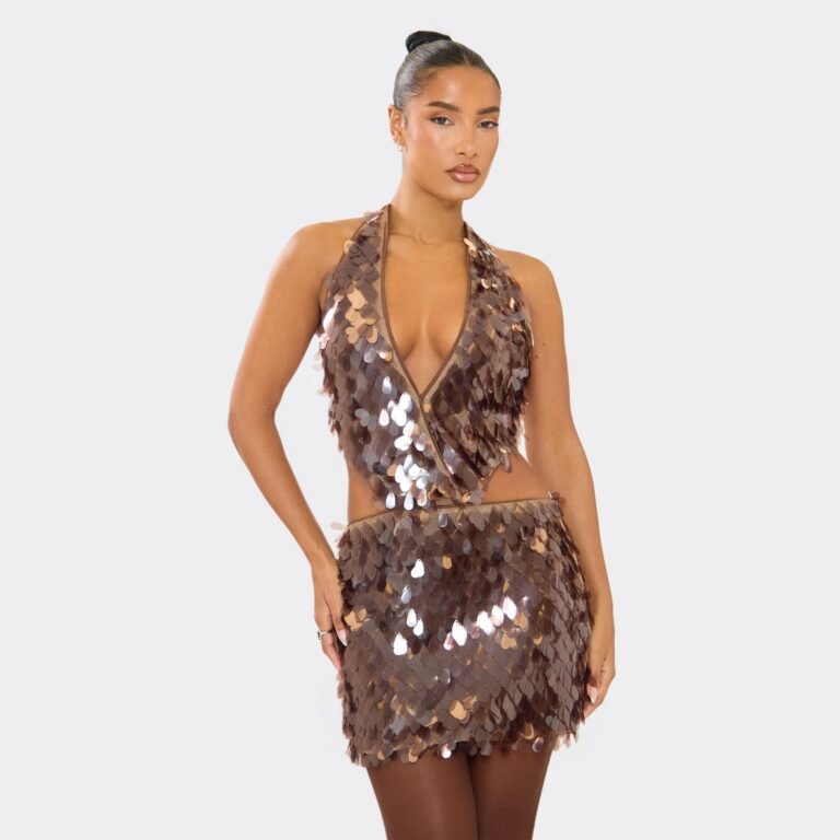 Extreme Plunge Cut Out Detail Mini Dress In Chocolate Brown Sequin, Women’s Size US 4