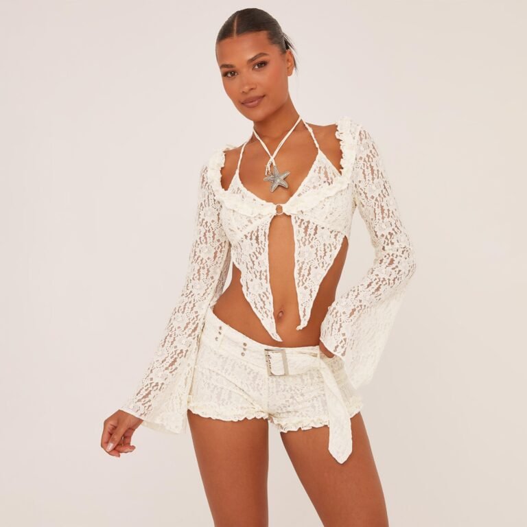 Flared Long Sleeve Split Hem Top In Cream Lace, Women’s Size US 8