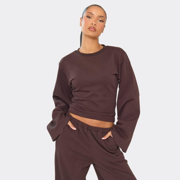 Flared Sleeve Cinched Waist Top In Chocolate Brown Interlock, Women’s Size US 2