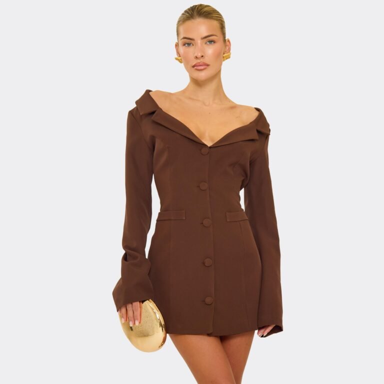 Flared Sleeve Wide Neck Button Front Detail Mini Dress In Chocolate Brown, Women’s Size