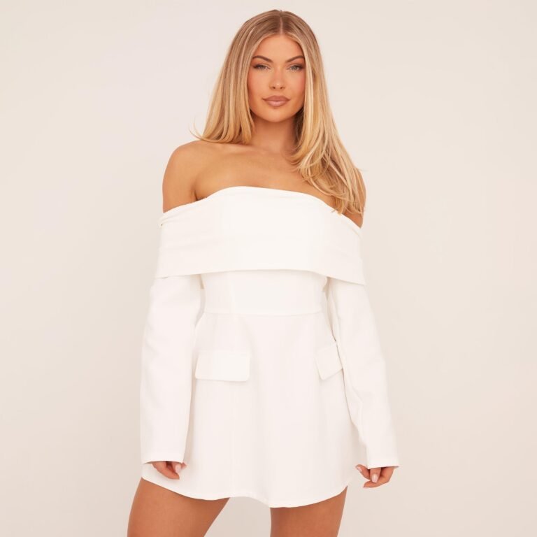 Fold Over Bardot Tailored Mini Dress In White, Women’s Size US 2