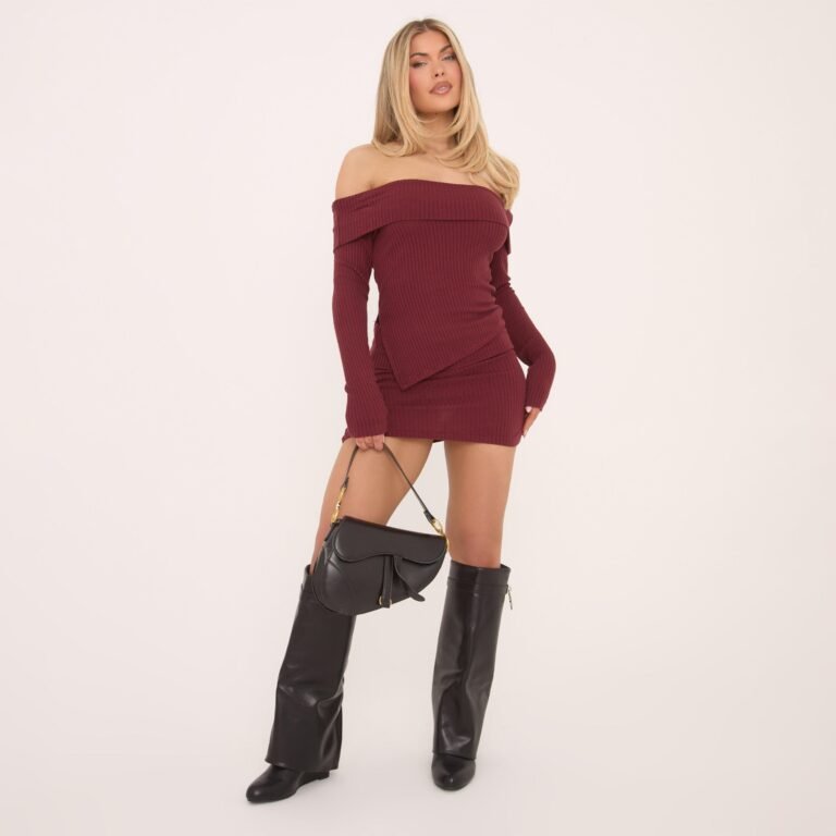 Fold Over Waistband Mini Bodycon Skirt In Burgundy Soft Ribbed, Women’s Size US 10