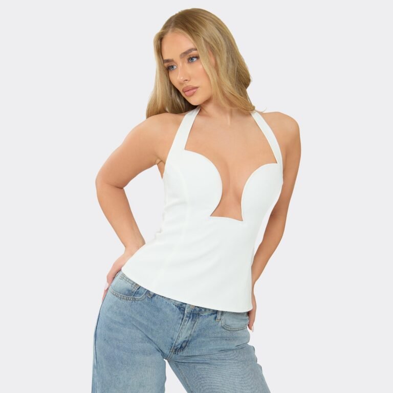 Halter Neck Plunge Detail Top In White, Women’s Size US 2