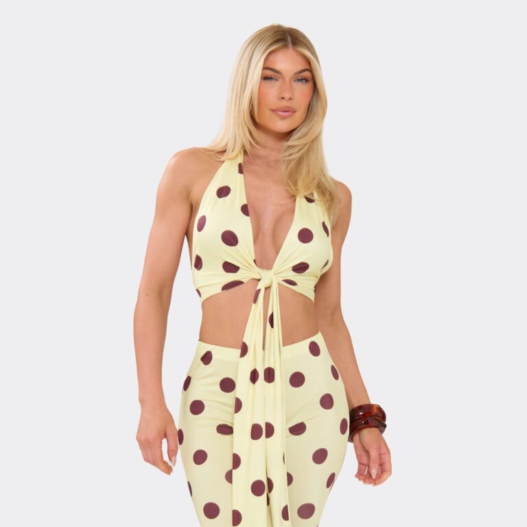 Halter Neck Tie Detail Top In Yellow Polka Dot, Women’s Size US 2