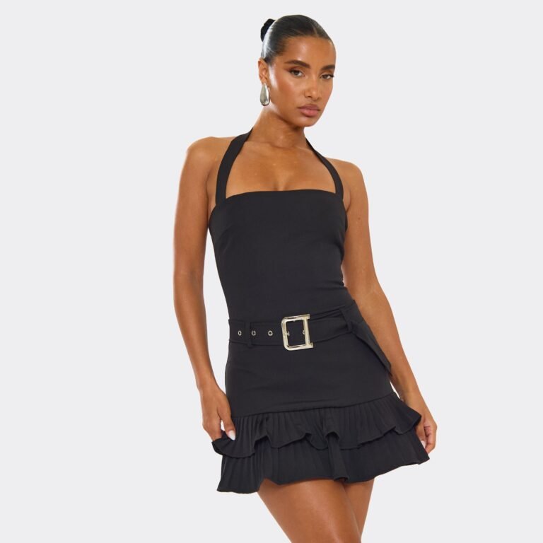 Halterneck Belt Detail Pleated Hem Mini Dress In Black, Women’s Size US 2