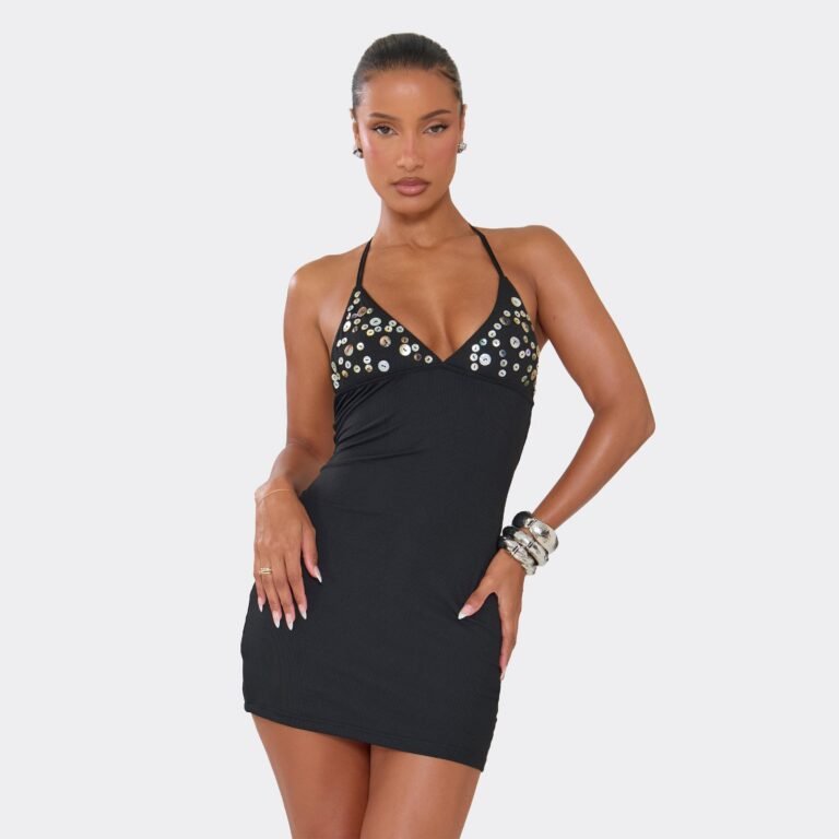 Halterneck Button Detail Open Back Mini Dress In Black, Women’s Size US 2