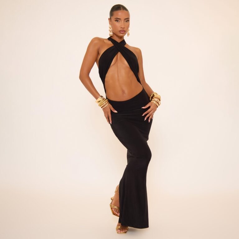 Halterneck Crossover Cut Out Front Detail Maxi Dress In Black Slinky, Women’s Size US 10