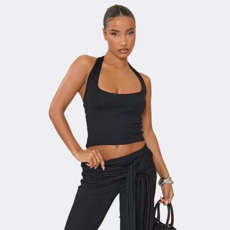 Halterneck Double Layer Fitted Top In Black, Women’s Size US 2