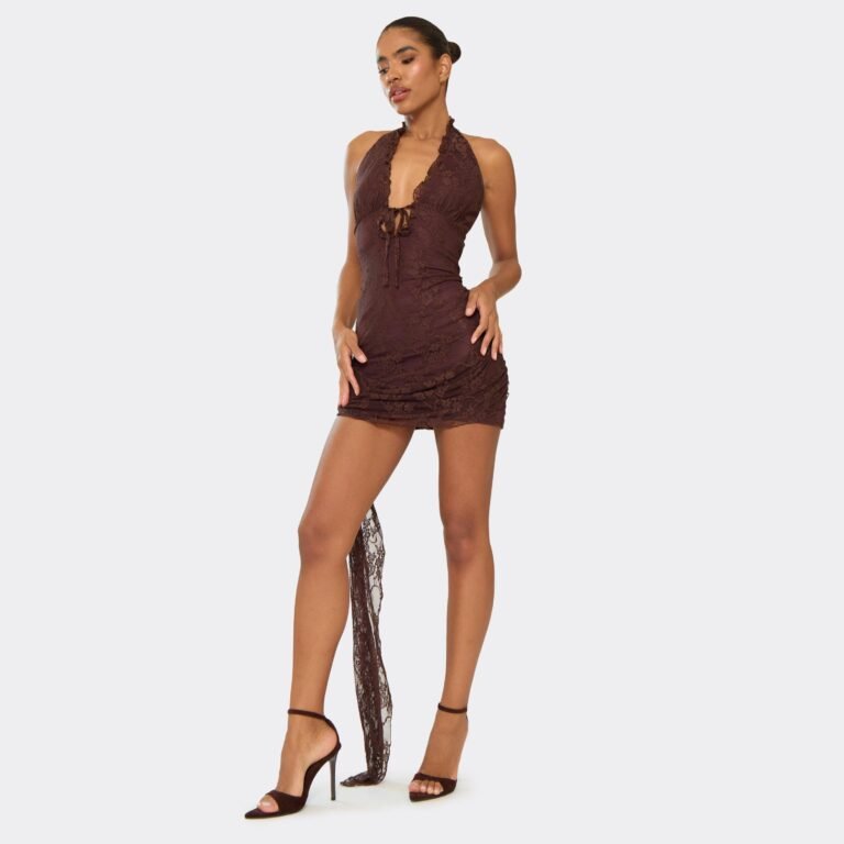 Halterneck Drape Tie Front Detail Mini Dress In Chocolate Brown Lace, Women’s Size US 4