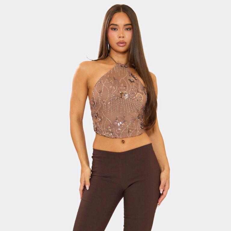 Halterneck Floral Embellished Top In Brown Sequin, Women’s Size US 6