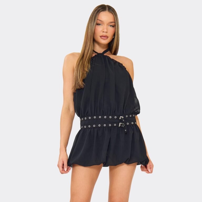 Halterneck Low Back Eyelet Belt Mini Dress In Black, Women’s Size US 2
