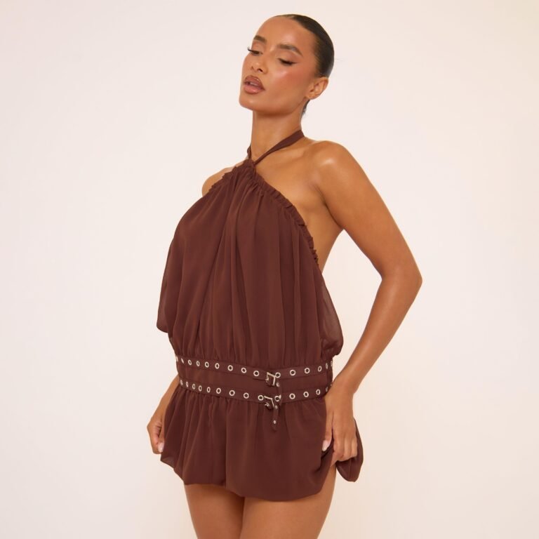 Halterneck Low Back Eyelet Belt Mini Dress In Brown, Women’s Size US 2