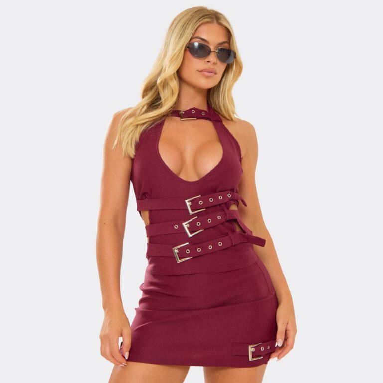 Halterneck Plunge Belt Detail Top In Burgundy Red, Women’s Size US 8